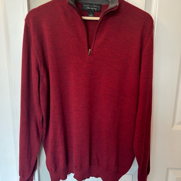 Men’s Harold Powell zip neck 100% Merino wool sweater, deep red - Picture 3 of 6
